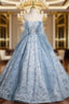 Blue See Through Neck Tulle Lace Quinceanera Dresses