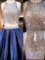Blue sequin two pieces sparkly off shoulder sexy homecoming Formal Prom Dresses