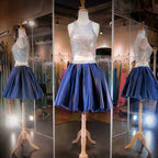 Blue sequin two pieces sparkly off shoulder sexy homecoming Formal Prom Dresses