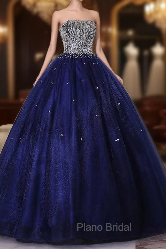 Blue Sequins and Beaded Ball Gown Tulle Lace-up Formal Dresses,Blue Evening Dresses Party Dresses