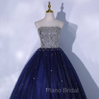 Blue Sequins and Beaded Ball Gown Tulle Lace-up Formal Dresses,Blue Evening Dresses Party Dresses