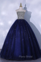Blue Sequins and Beaded Ball Gown Tulle Lace-up Formal Dresses,Blue Evening Dresses Party Dresses