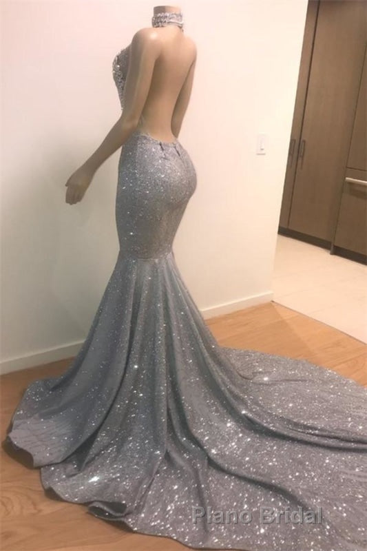 Blue Sequins Backless Long Mermaid Crystal Beaded Formal Prom Dresses Secondary image