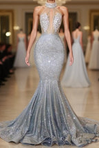 Blue Sequins Backless Long Mermaid Crystal Beaded Formal Prom Dresses