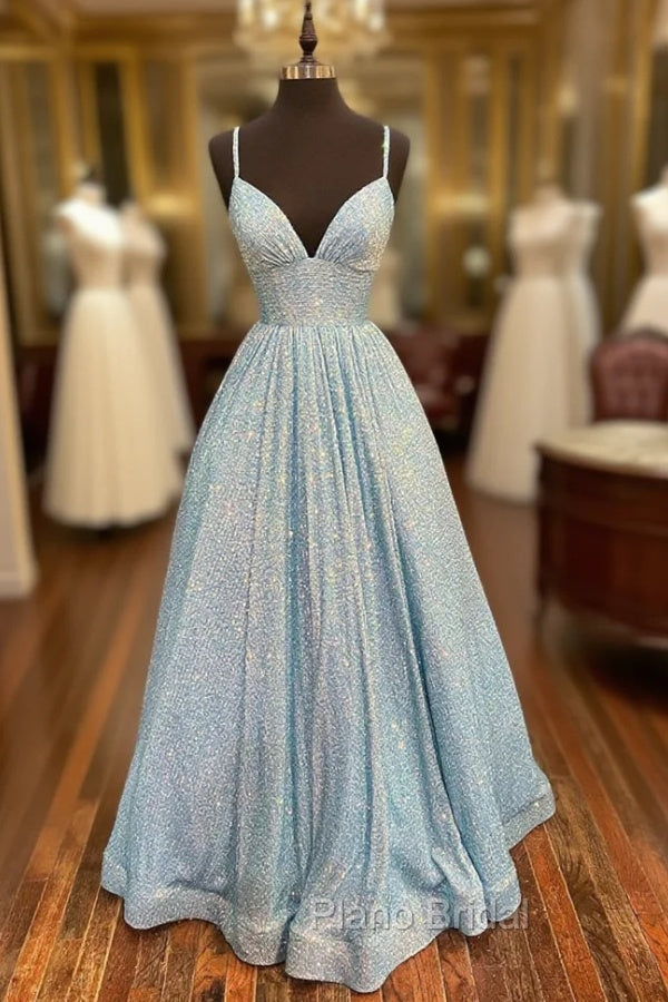 Blue Sequins Long A-Line Formal Prom Dresses, V-Neck Shiny Evening Party Dresses Main image