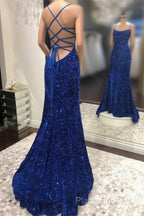 Blue Sequins Long Formal Prom Dresses Mermaid Formal Dresses