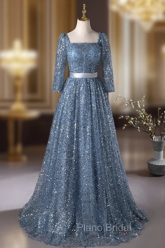 Blue Sequins Long Sleeve Square Formal Prom Dresses Main image