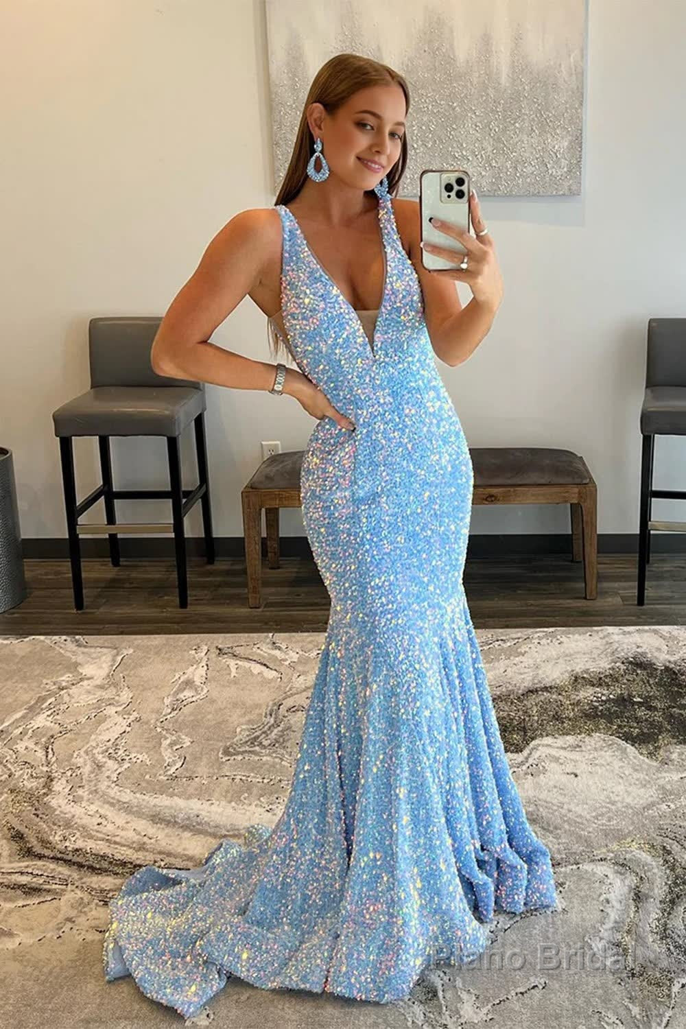 Blue Sequins Mermaid Prom Dress Main image