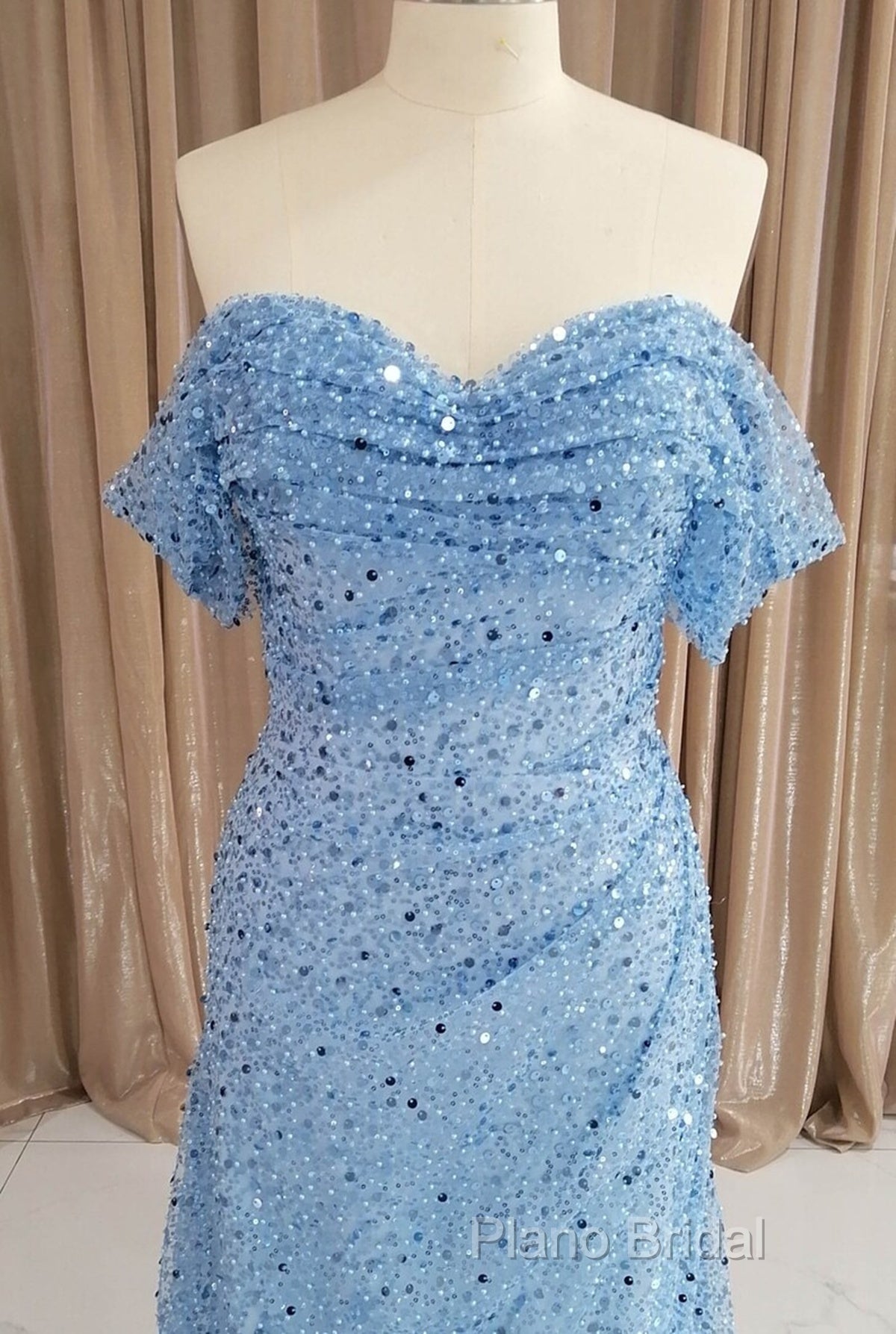Blue Sequins Off Shoulder Sweep Train Party Dresses, Blue Sweetheart Long Formal Dresses