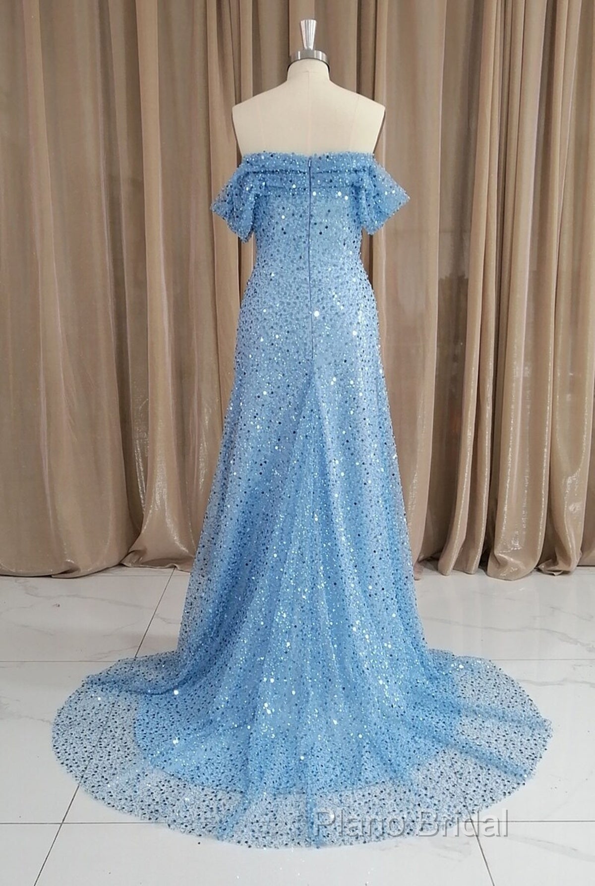 Blue Sequins Off Shoulder Sweep Train Party Dresses, Blue Sweetheart Long Formal Dresses
