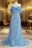 Blue Sequins Off Shoulder Sweep Train Party Dresses, Blue Sweetheart Long Formal Dresses
