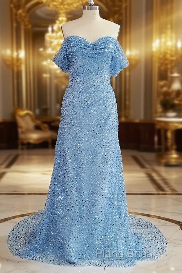 Blue Sequins Off Shoulder Sweep Train Party Dresses, Blue Sweetheart Long Formal Dresses Main image