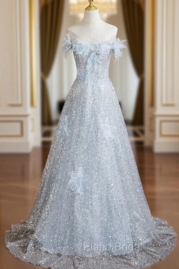 Blue Sequins Off the Shoulder Flower Formal Prom Dresses Main image