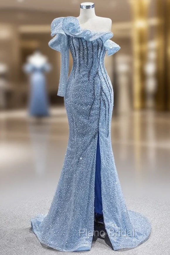 Blue Sequins One Shoulder Beading Formal Prom Dresses