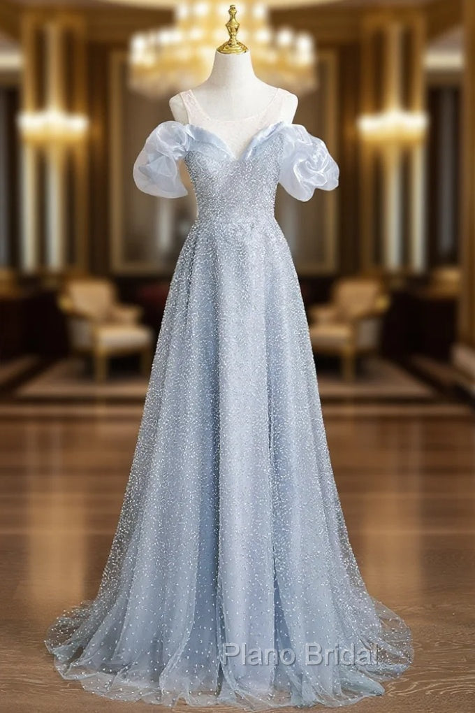 Blue Sequins Scoop Neck Backless Formal Prom Dresses Main image