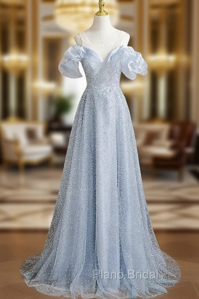 Blue Sequins Scoop Neck Formal Prom Dresses