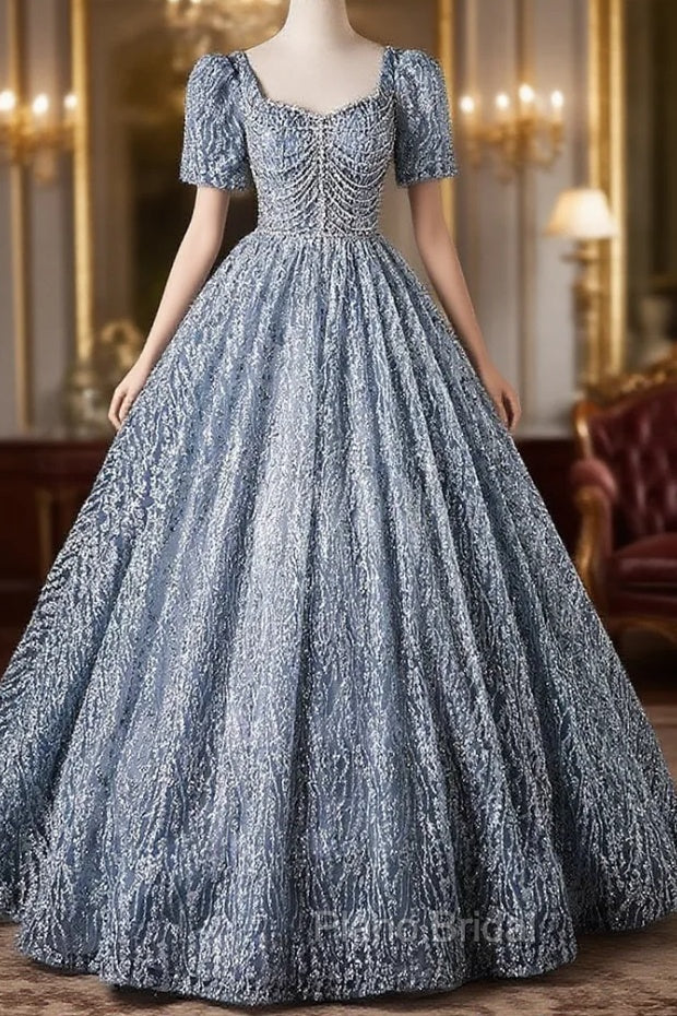 Blue Sequins Short Sleeve Beading Quinceanera Dresses Main image