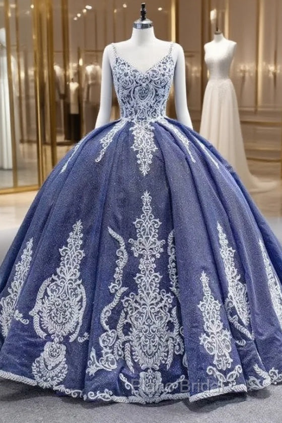 Blue Sequins Spaghetti Straps Appliques Formal Prom Dresses Main image