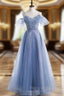 Blue Sequins Spaghetti Straps Beading Formal Prom Dresses