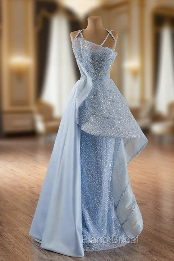 Blue Sequins Spaghetti Straps Formal Prom Dresses