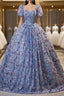 Blue Sequins Square Short Sleeve Quinceanera Dresses