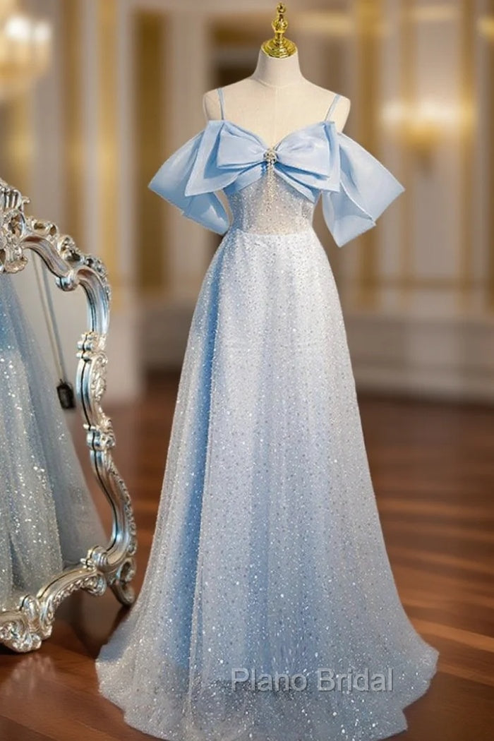 Blue Sequins Straps Bow Formal Prom Dresses