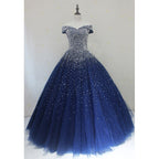 Blue Sequins Sweetheart Ball Gown Sweet 16 Gown, Blue Tulle Party Dresses