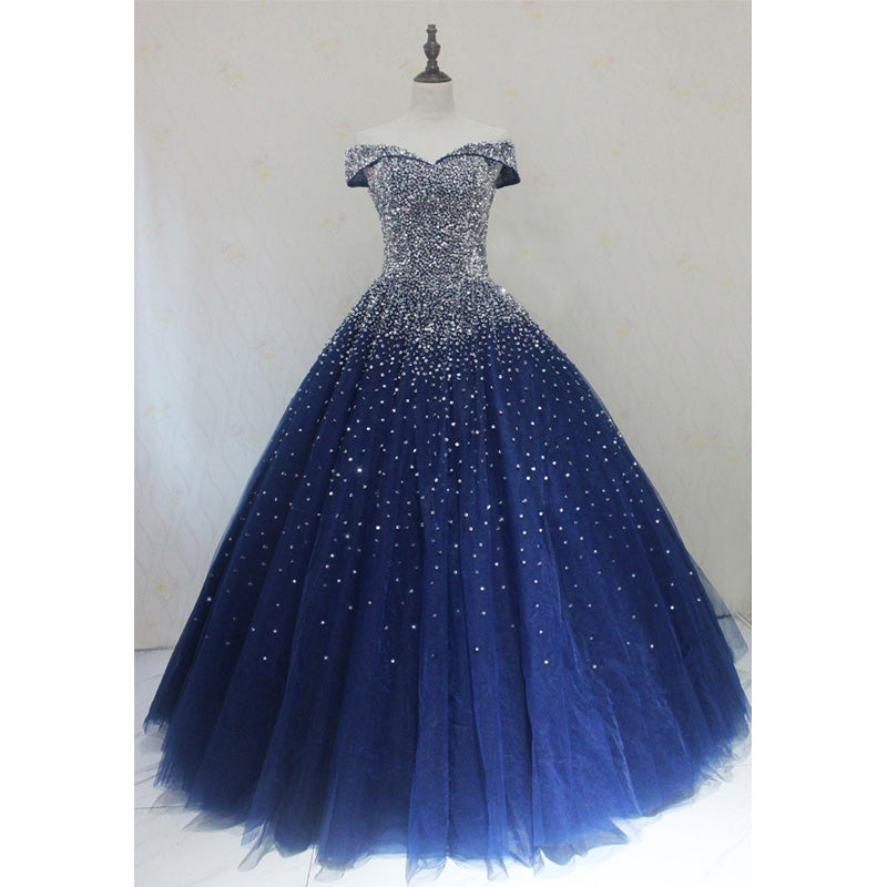 Blue Sequins Sweetheart Ball Gown Sweet 16 Gown, Blue Tulle Party Dresses