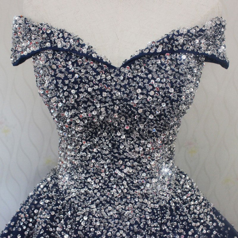 Blue Sequins Sweetheart Ball Gown Sweet 16 Gown, Blue Tulle Party Dresses