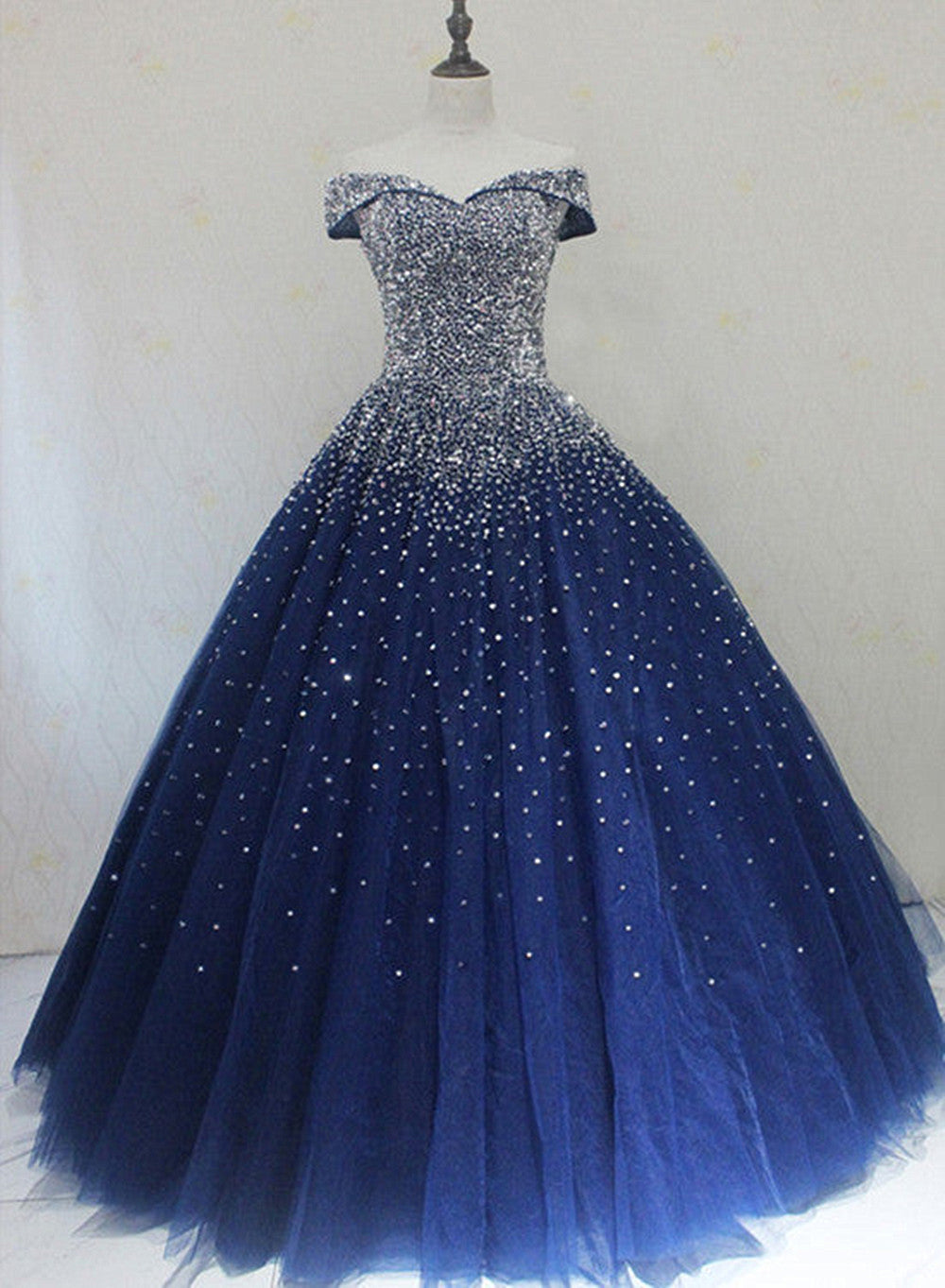Blue Sequins Sweetheart Ball Gown Sweet 16 Gown, Blue Tulle Party Dresses Main image