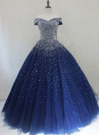 Blue Sequins Sweetheart Ball Gown Sweet 16 Gown, Blue Tulle Party Dresses