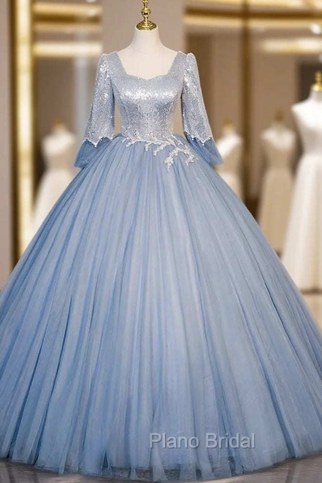 Blue Sequins Tulle Long Sleeve Quinceanera Dresses Main image