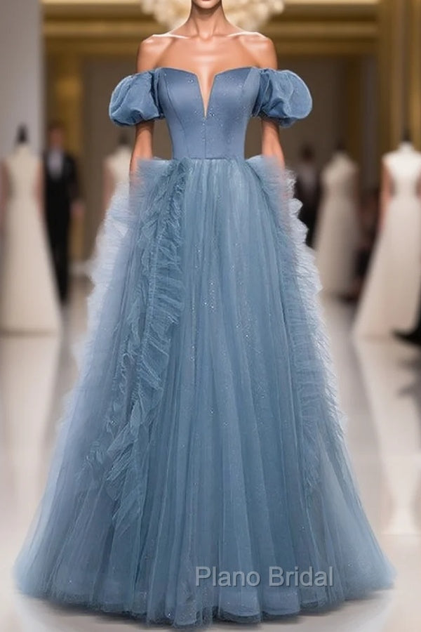 Blue Sequins Tulle Off the Shoulder Formal Prom Dresses