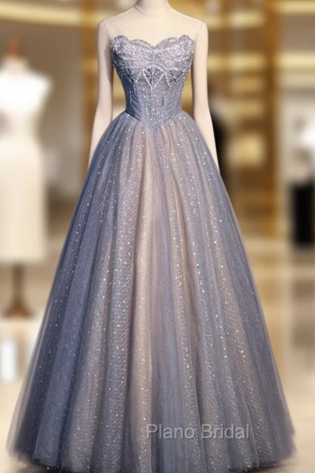 Blue Sequins Tulle Strapless Beading Formal Prom Dresses Main image