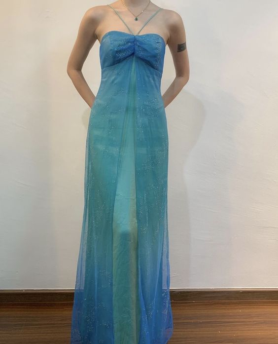 Blue Shiny Fashion Gradient Spray Gold Retro Elegant Sling Long Tulle Ball Gown Formal Evening Dresses Party Dresses