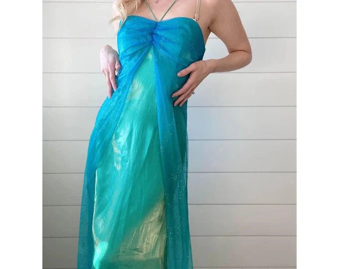 Blue Shiny Fashion Gradient Spray Gold Retro Elegant Sling Long Tulle Ball Gown Formal Evening Dresses Party Dresses