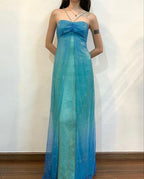 Blue Shiny Fashion Gradient Spray Gold Retro Elegant Sling Long Tulle Ball Gown Formal Evening Dresses Party Dresses