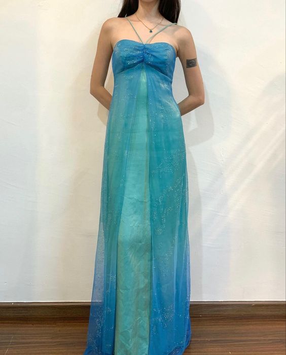 Blue Shiny Fashion Gradient Spray Gold Retro Elegant Sling Long Tulle Ball Gown Formal Evening Dresses Party Dresses