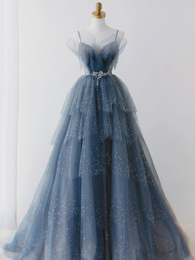 Blue Shiny Tulle Layers Straps Beaded Long Formal Prom Dresses, A-Line Chic Formal Evening Dresses Secondary image