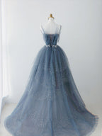 Blue Shiny Tulle Layers Straps Beaded Long Formal Prom Dresses, A-Line Chic Formal Evening Dresses