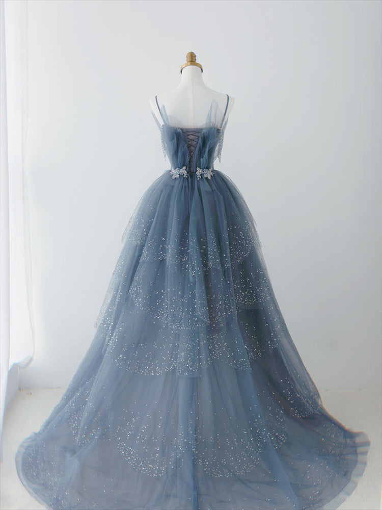 Blue Shiny Tulle Layers Straps Beaded Long Formal Prom Dresses, A-Line Chic Formal Evening Dresses