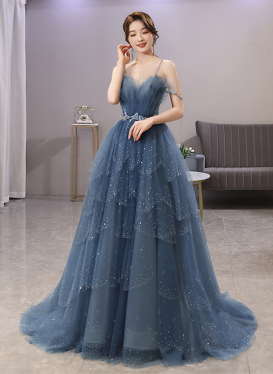 Blue Shiny Tulle Layers Straps Beaded Long Formal Prom Dresses, A-Line Chic Formal Evening Dresses