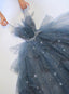 Blue Shiny Tulle Layers Straps Beaded Long Formal Prom Dresses, A-Line Chic Formal Evening Dresses