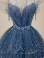Blue Shiny Tulle Long Beaded A-line Formal Prom Dresses, Blue Floor Length Party Dresses