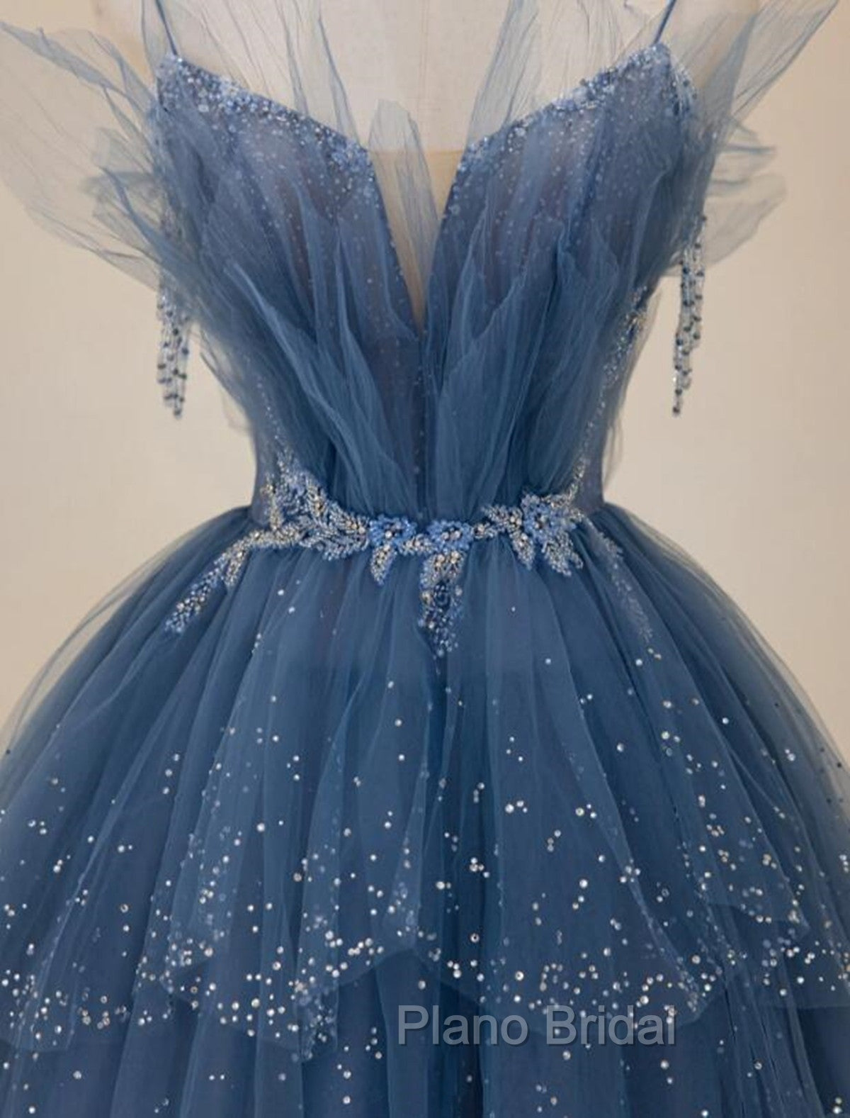 Blue Shiny Tulle Long Beaded A-line Formal Prom Dresses, Blue Floor Length Party Dresses