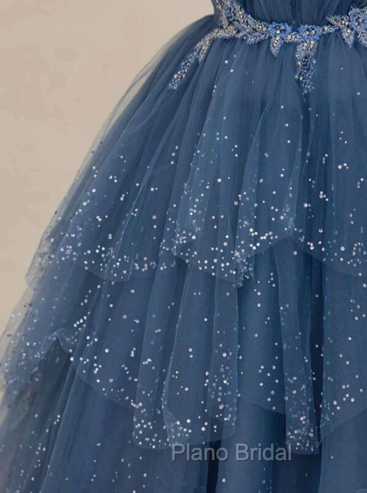 Blue Shiny Tulle Long Beaded A-line Formal Prom Dresses, Blue Floor Length Party Dresses