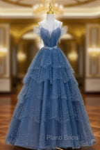 Blue Shiny Tulle Long Beaded A-line Formal Prom Dresses, Blue Floor Length Party Dresses