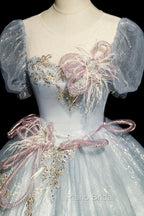 Blue Shiny Tulle Long Formal Prom Dresses with Sequins, A-Line Short Sleeve Party Dresses