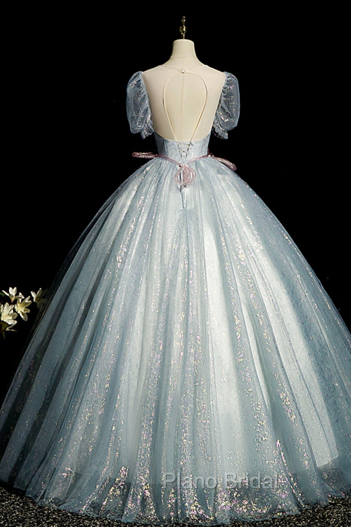 Blue Shiny Tulle Long Formal Prom Dresses with Sequins, A-Line Short Sleeve Party Dresses