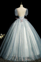Blue Shiny Tulle Long Formal Prom Dresses with Sequins, A-Line Short Sleeve Party Dresses